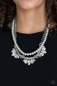 Bow Before The Queen Silver & Rhinestone Pearl Necklace